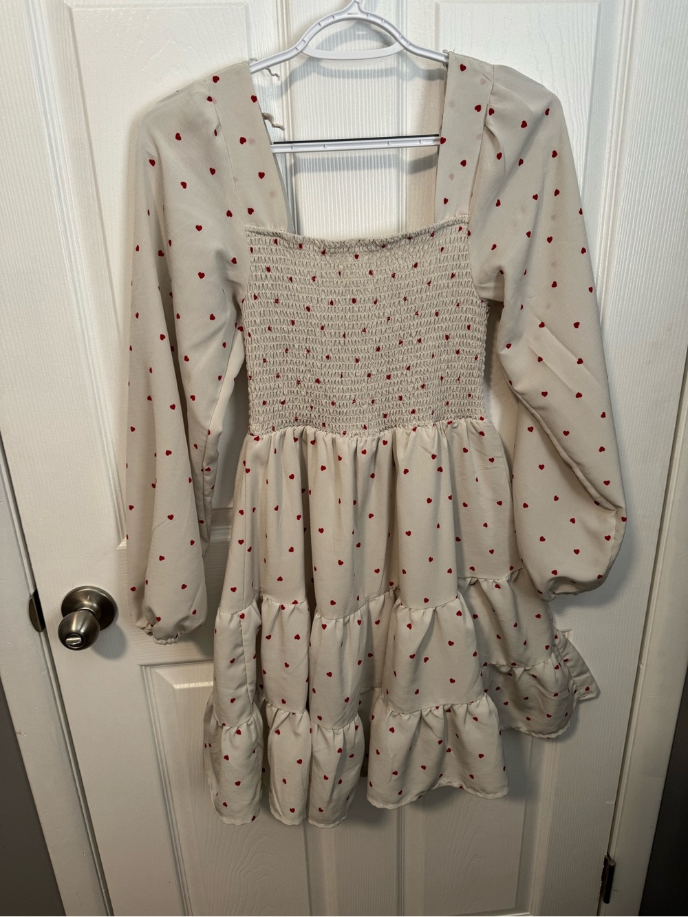 Women’s Cream Long-Sleeve Smocked Dress with Red Heart Print
